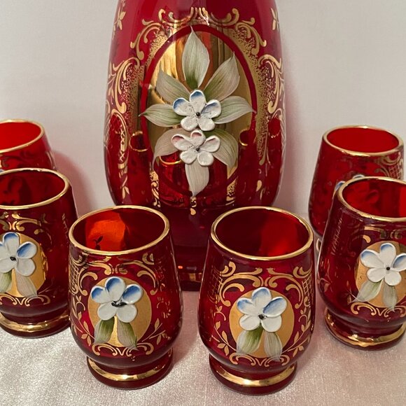 Vintage Venetian Glass Decanter 6 Glasses Set Red Gold - Picture 3 of 8
